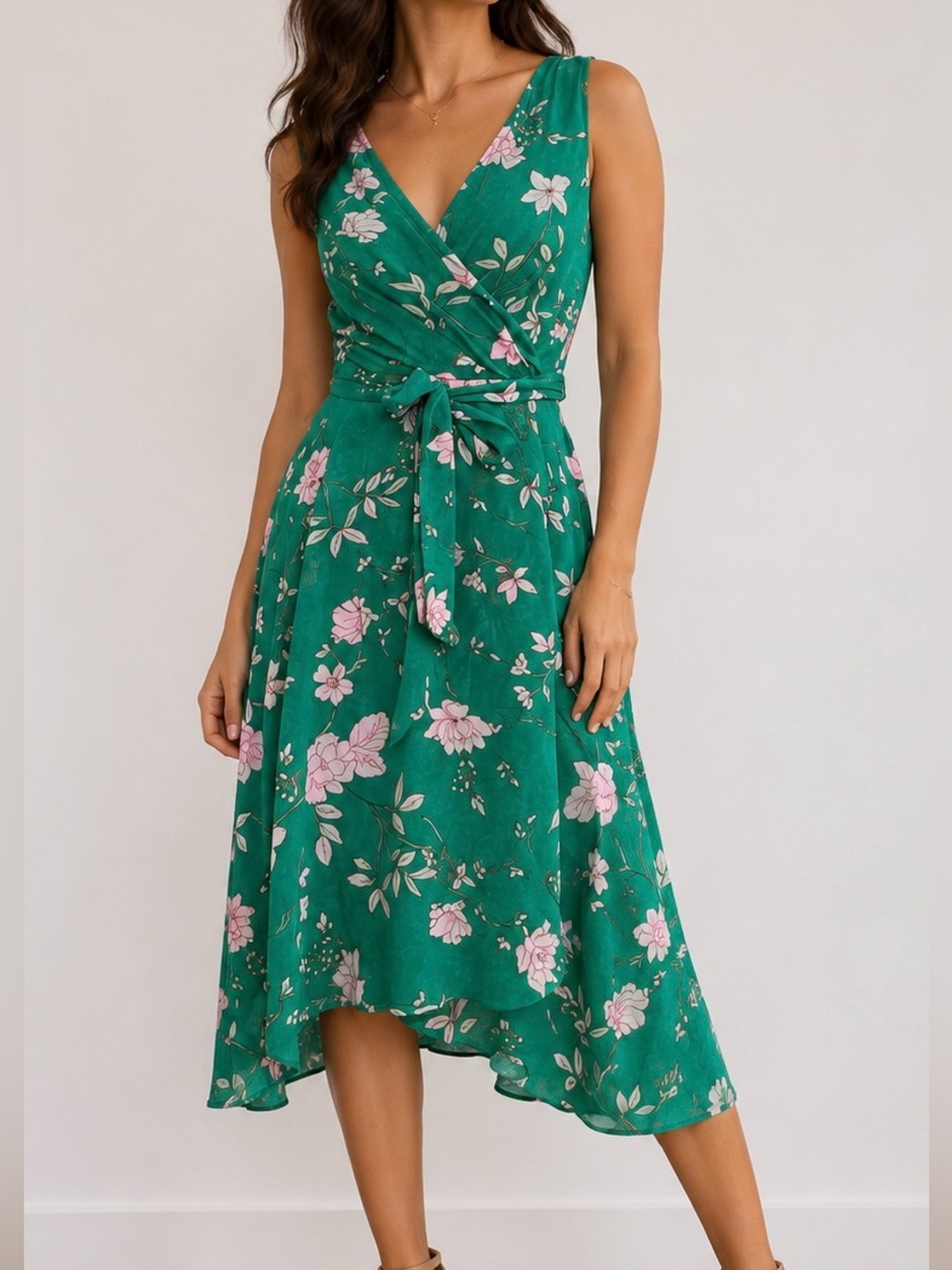 DKNY Floral Wrap Midi Dress Green Pink Tie Waist Sleeveless Size 2